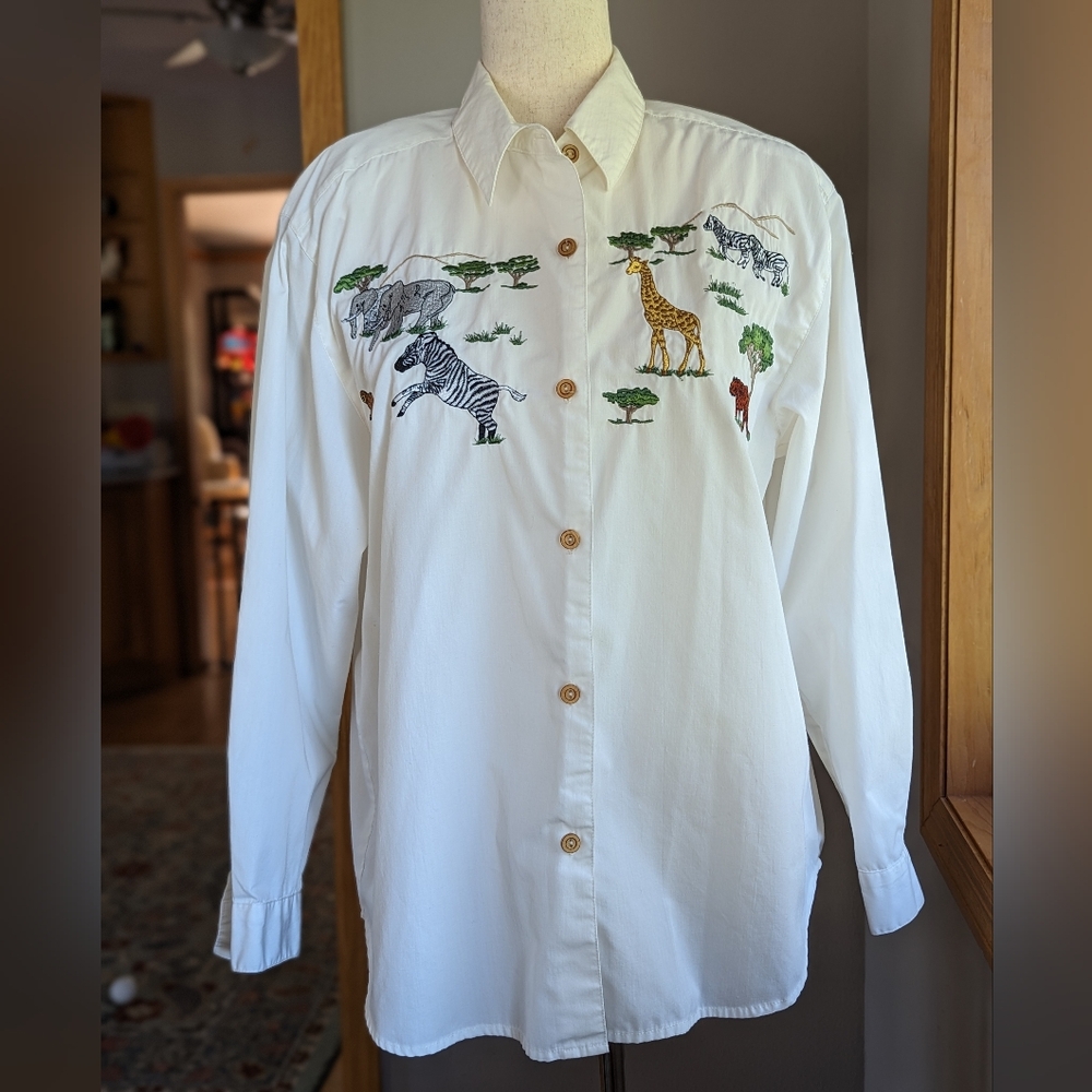 Vintage ALFRED DUNNER White Button Down Shirt Embroidered Safari Animals Sz 14